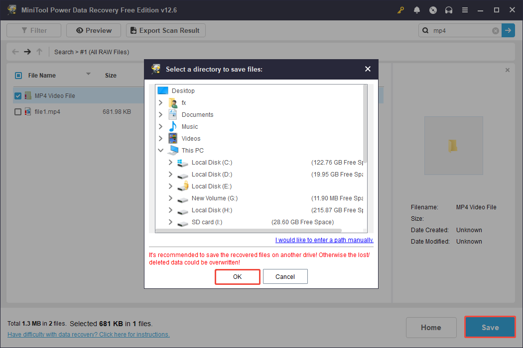save the selected videos to recover them in MiniTool Power Data Recovery