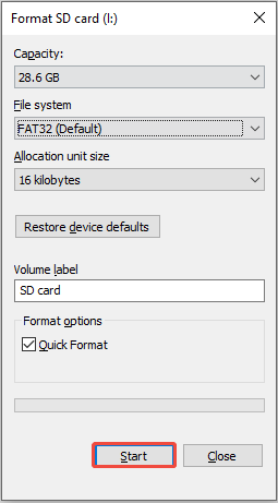 click the Start button to format the SD card