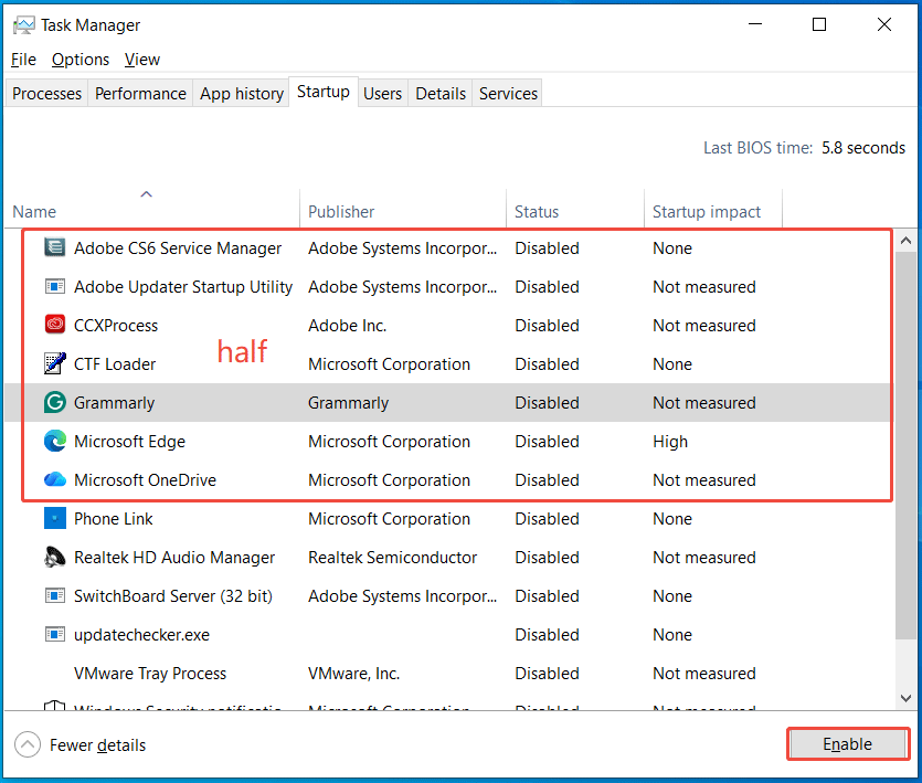 enable upper half of startup programs