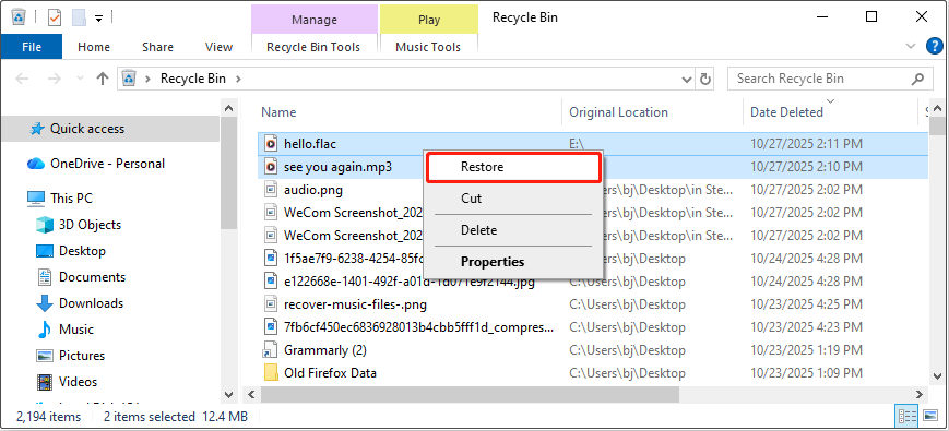 restore music files from the Recycle Bin