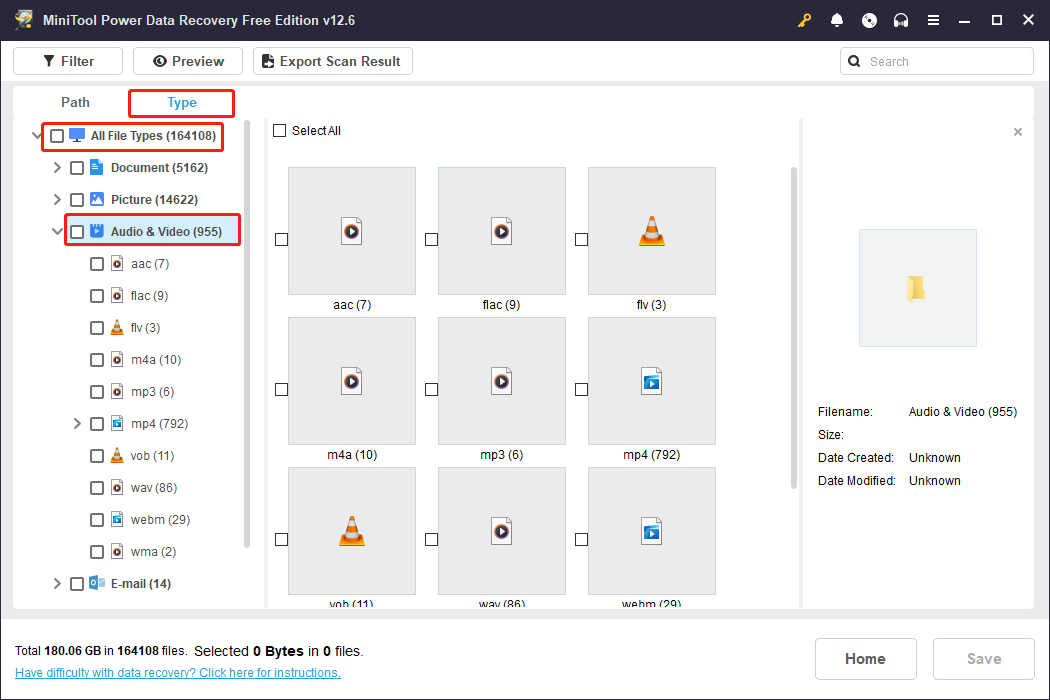 use Type to find the target music files in MiniTool Power Data Recovery