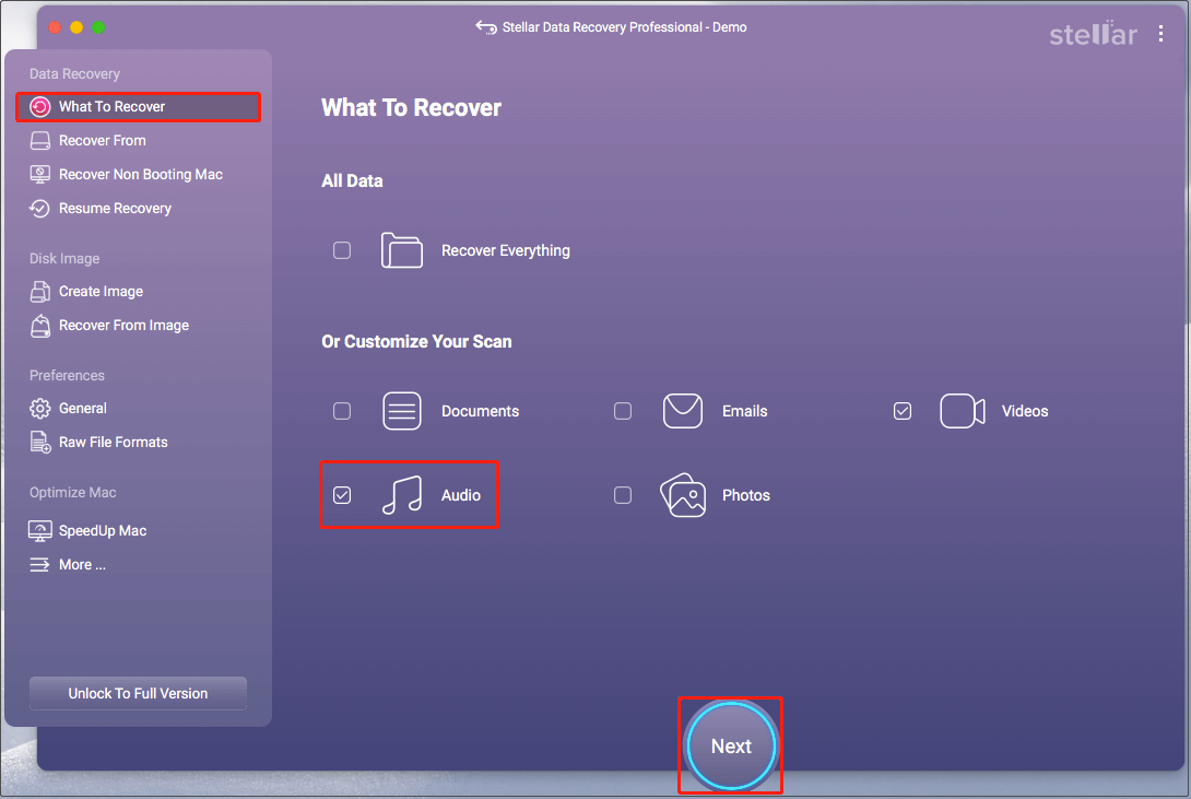 tick Audio and click Next in Stellar Data Recovery for Mac