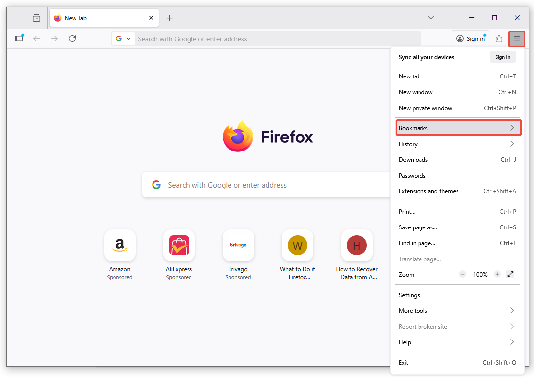 click the Bookmarks option