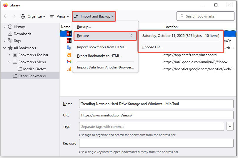 click Restore to recover bookmarks from the backup