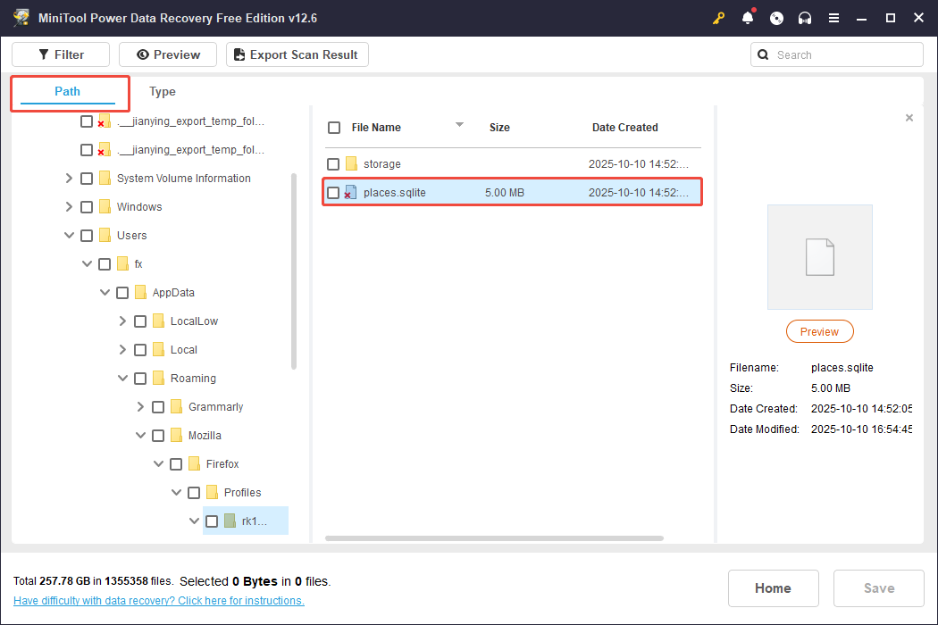 use the Path feature to locate the places.sqlite file in MiniTool Power Data Recovery