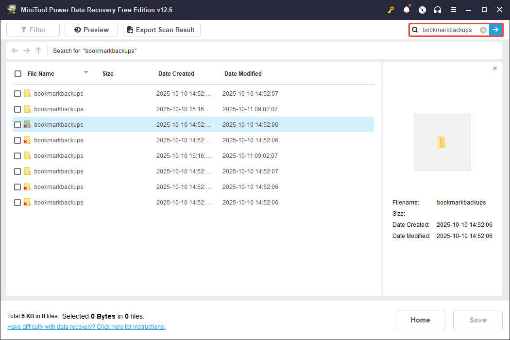 use the Search feature to locate the bookmarkbackups folder in MiniTool Power Data Recovery