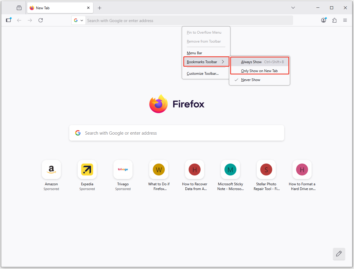 select Always Show or Only Show on New Tab