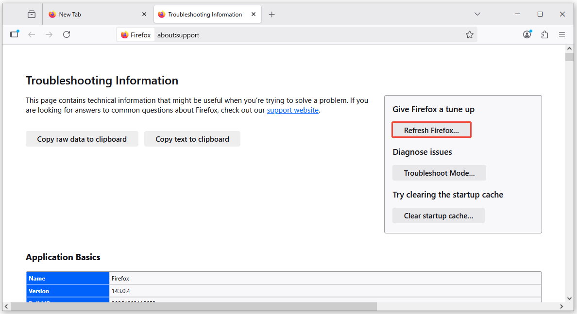 click the Refresh Firefox button