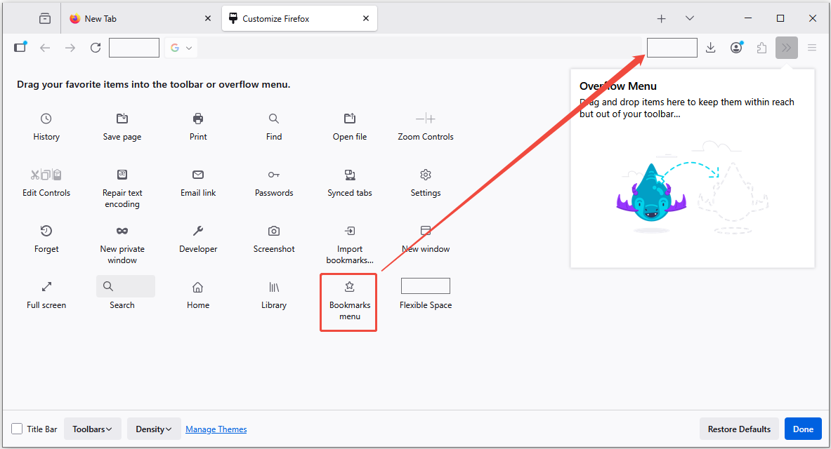 drag the Bookmarks menu icon