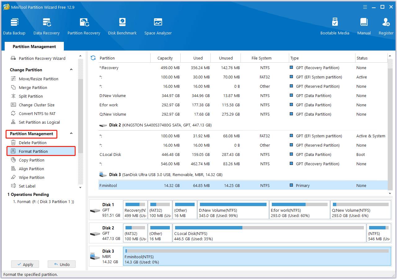 choose Format Partition in MiniTool Partition Wizard