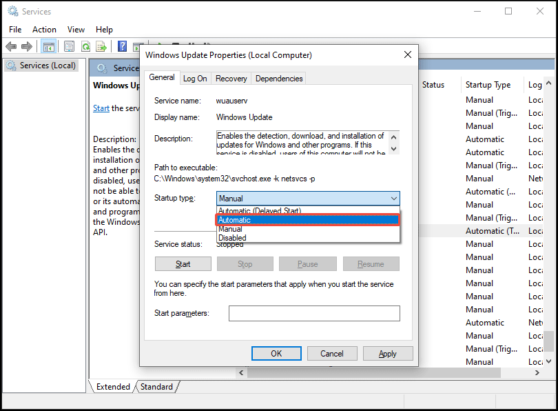 set startup type to automatic for Windows Update