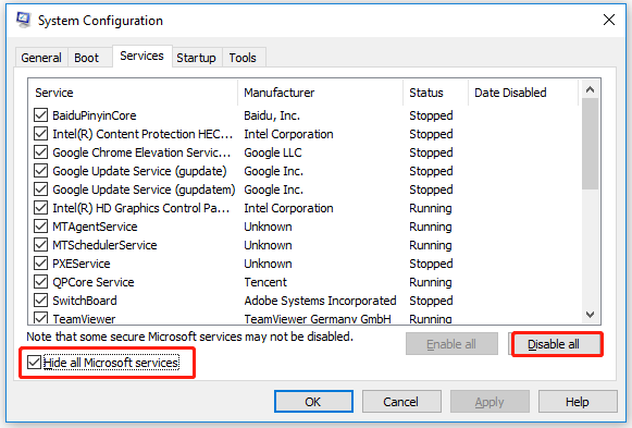 Marque la casilla Ocultar todos los servicios de Microsoft