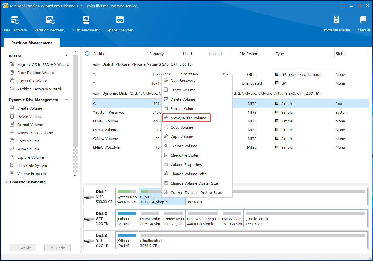 Seleccionar la unidad C y elegir Mover o cambiar el tamaño del volumen en Partition Magic