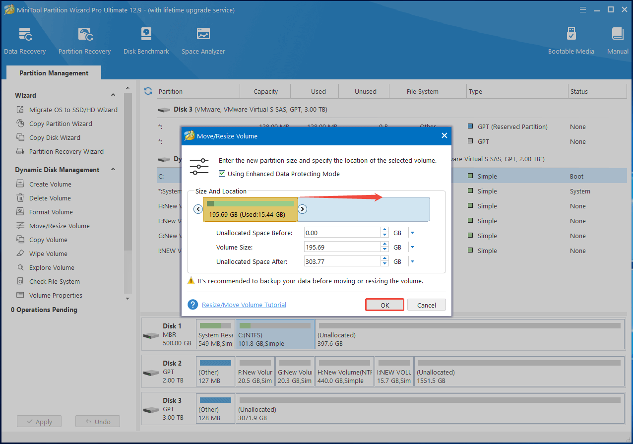 occupare spazio non allocato e salvare le modifiche in Partition Magic
