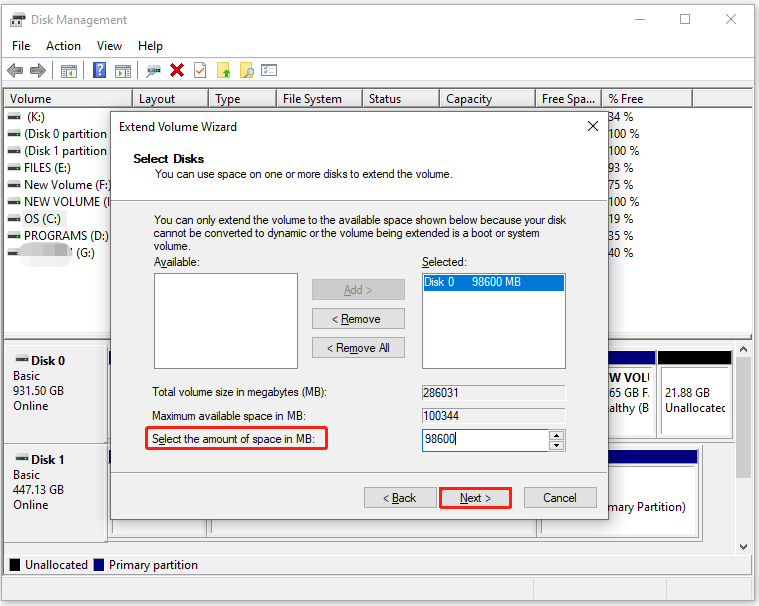seleziona la quantità di spazio da aggiungere