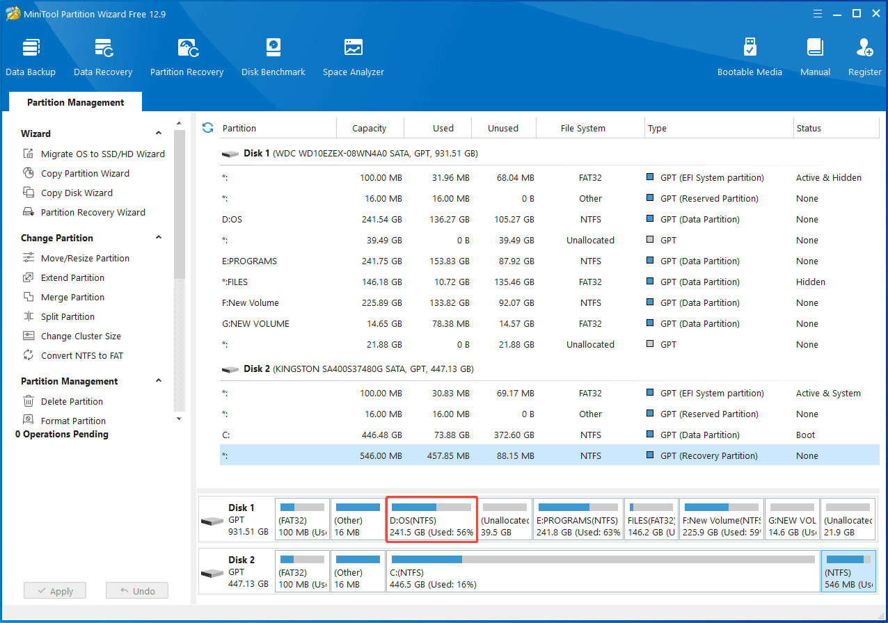 visualizza il risultato nella mappa del disco di Partition Magic