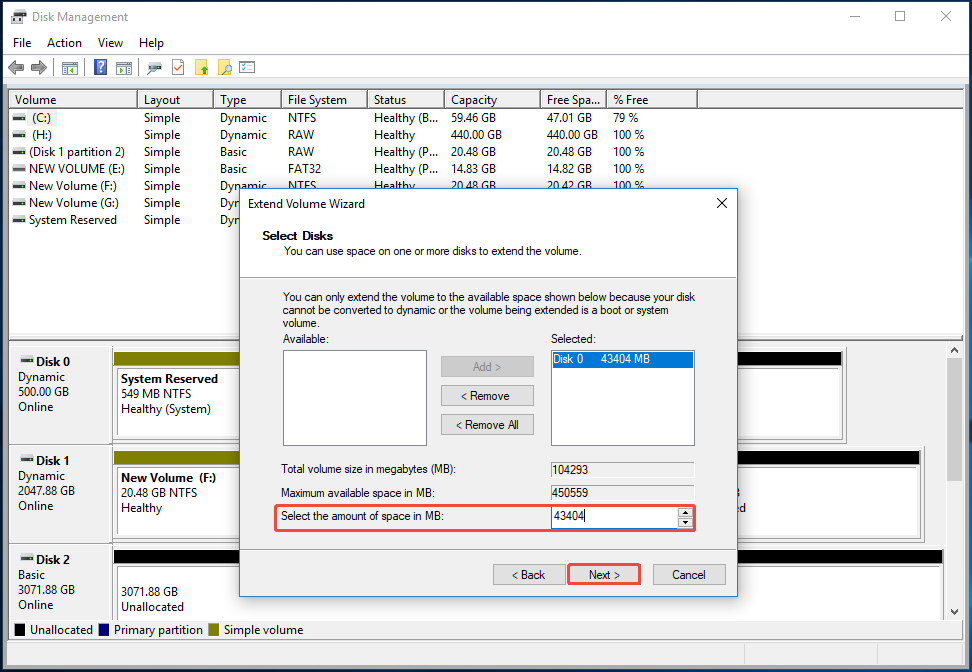 scegli la quantità di spazio da estendere e clicca su OK