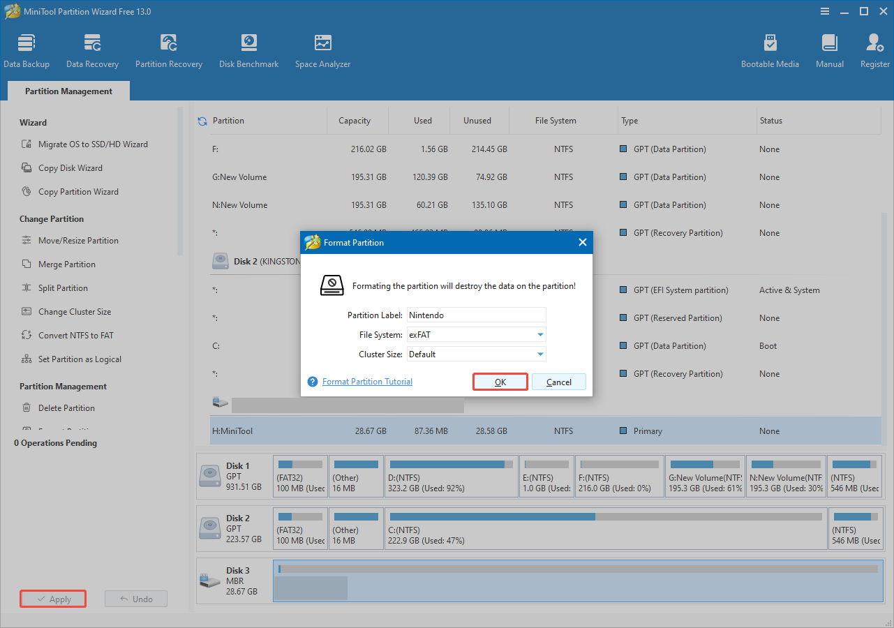 MiniTool Partition Wizard interface showing the Format Partition window for setting partition table and file system.