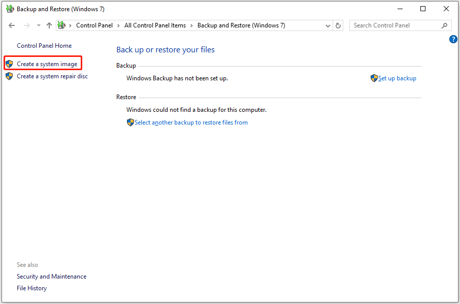 selecione Criar uma imagem do sistema na janela Backup e restauração (Windows 7)
