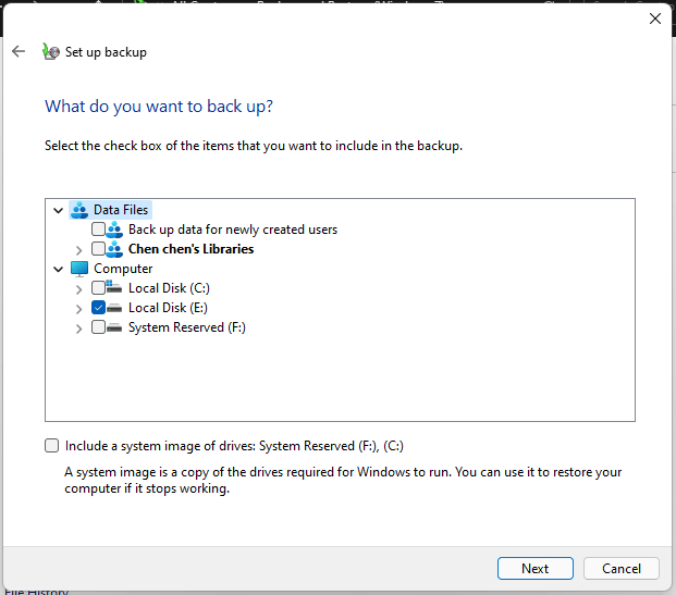 º Escolher ficheiros para fazer backup