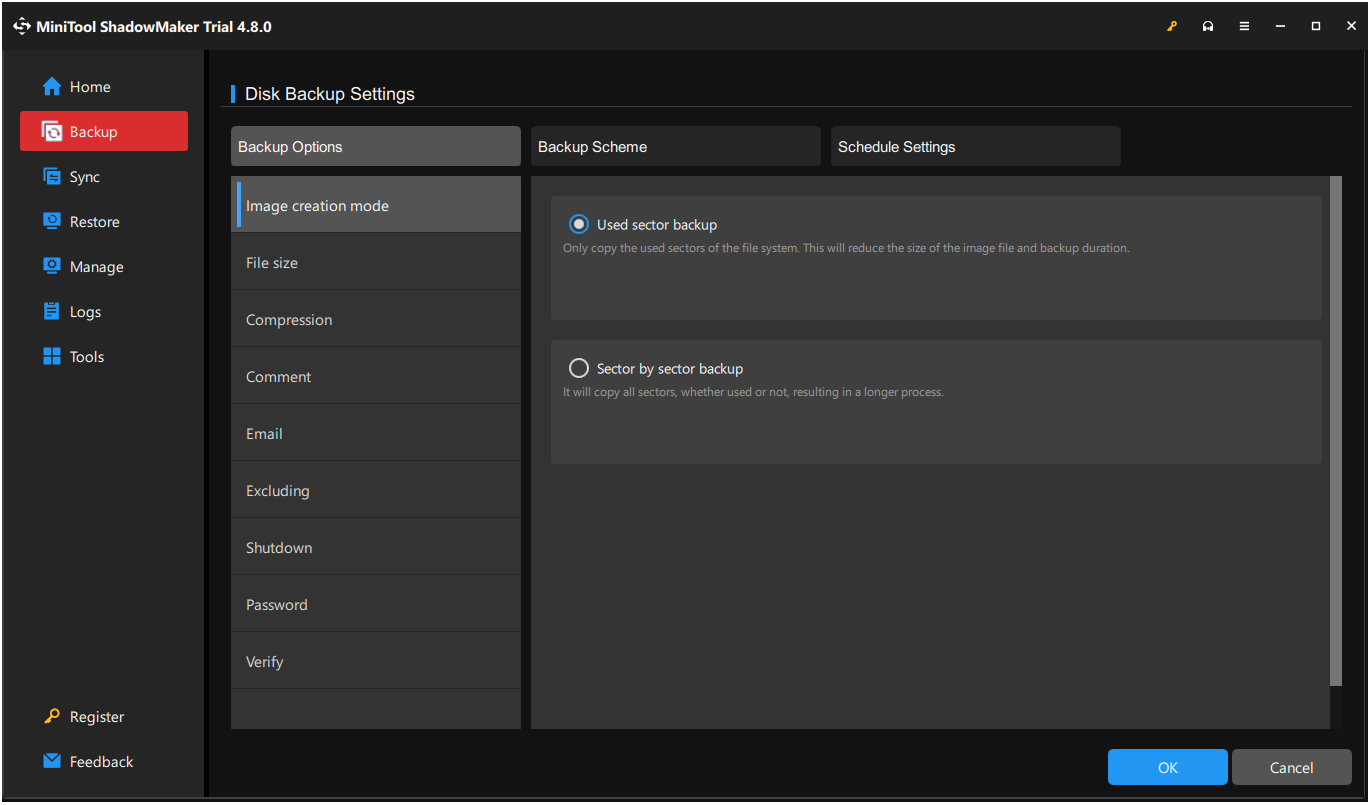 Configurer les options de sauvegarde dans MiniTool ShadowMaker