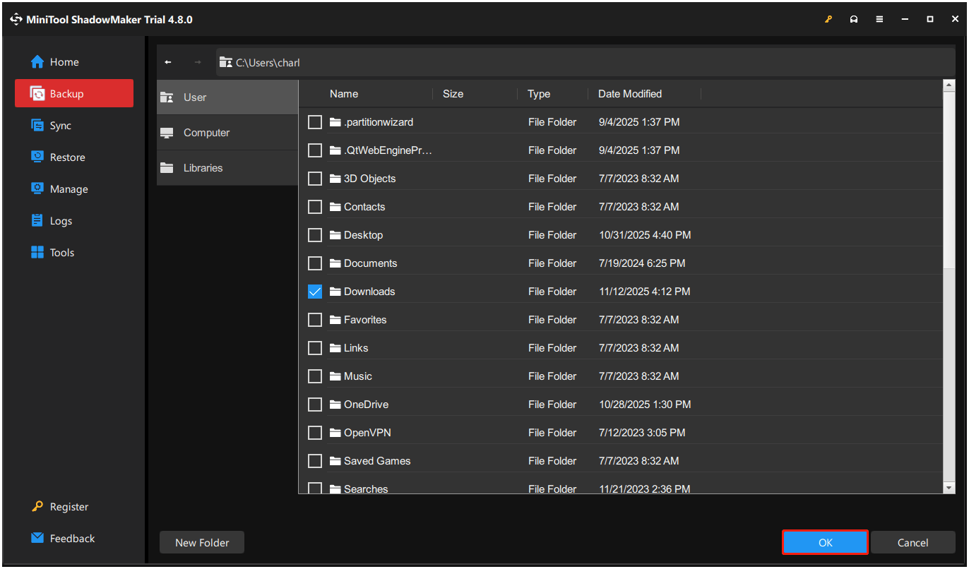 check the needed files and click OK in MiniTool ShadowMaker