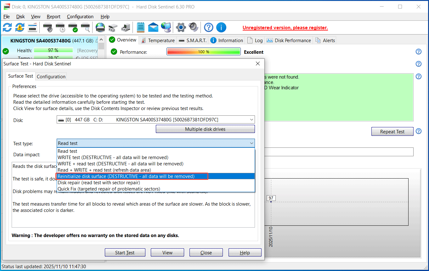 use Hard Disk Sentinel for Surface Test