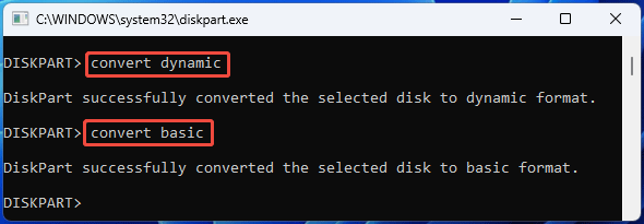 screenshot showing DiskPart Convert Basic or Dynamic command