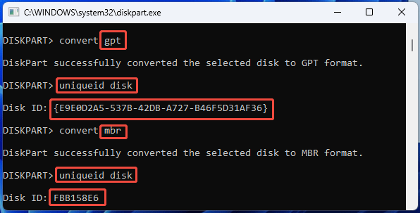 screenshot showing DiskPart Uniqueid Disk command