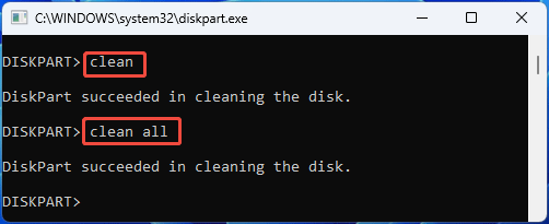 screenshot showing DiskPart Disk Clean command