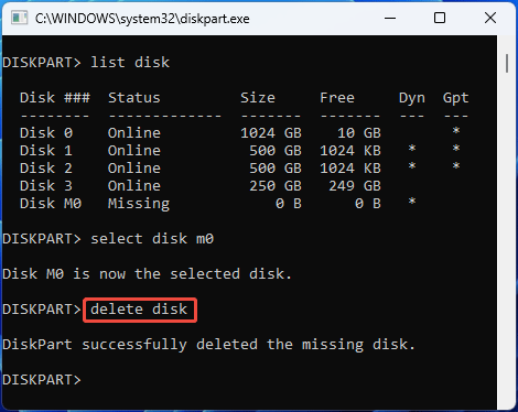 screenshot showing DiskPart Delete Disk command