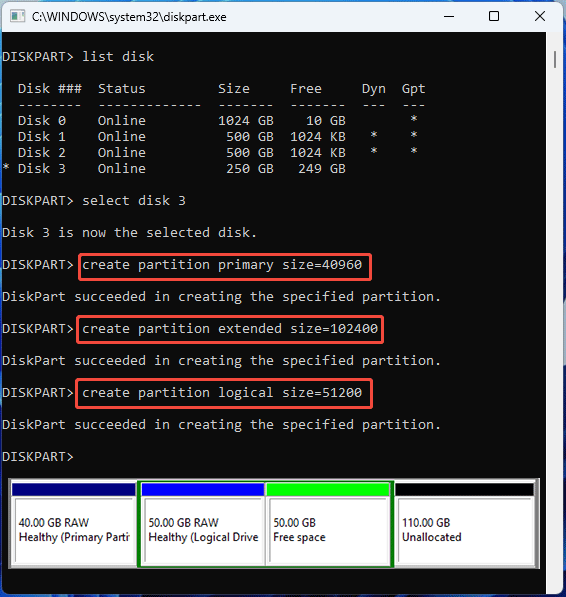 screenshot showing DiskPart Create Partition command