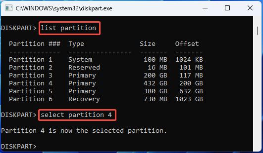 screenshot showing DiskPart List and Select Partition commands