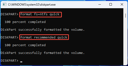 screenshot showing DiskPart Format command