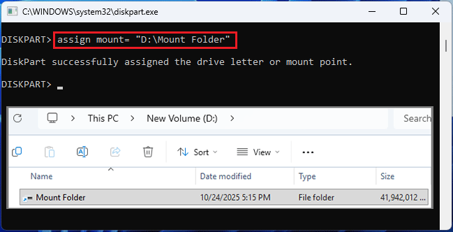 screenshot showing DiskPart Assign Mount command