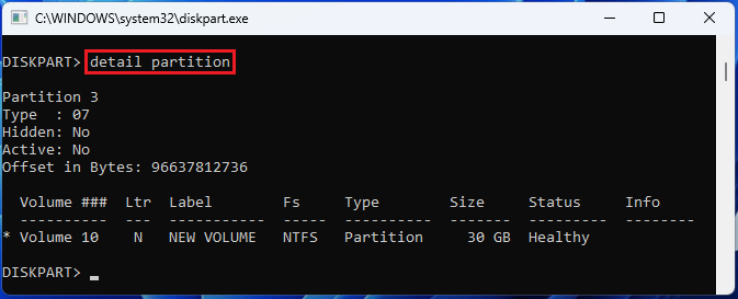 screenshot showing DiskPart Detail Partition command