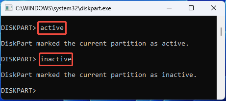 screenshot showing DiskPart Active or Inactive command
