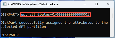 screenshot showing DiskPart GPT Attributes command