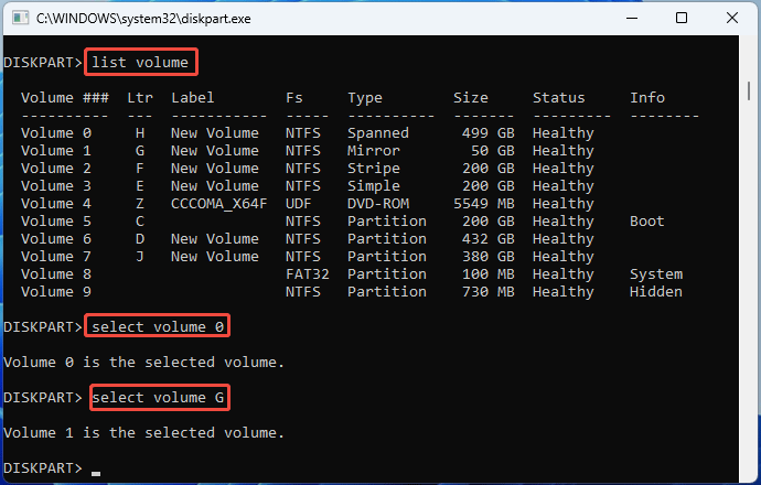 screenshot showing DiskPart List and Select Volume command