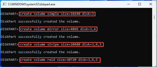 screenshot showing DiskPart Create Volume commands