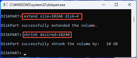 screenshot showing DiskPart Extend and Shrink Volume commands