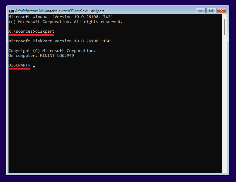 picture showing DiskPart in WinPE