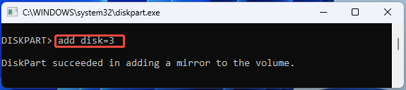 screenshot showing DiskPart Add Disk command