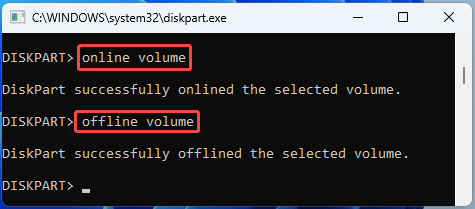 screenshot showing DiskPart Online and Offline Volume commands