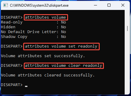 screenshot showing DiskPart Attribute Volume commands