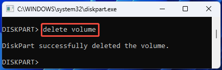screenshot showing DiskPart Delete Volume command