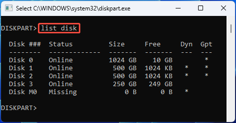screenshot showing DiskPart List Disk command