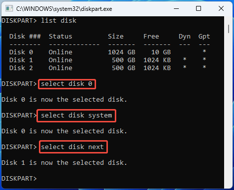 screenshot showing DiskPart Select Disk command