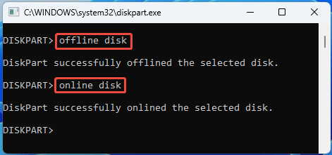 screenshot showing DiskPart Offline or Online Disk command
