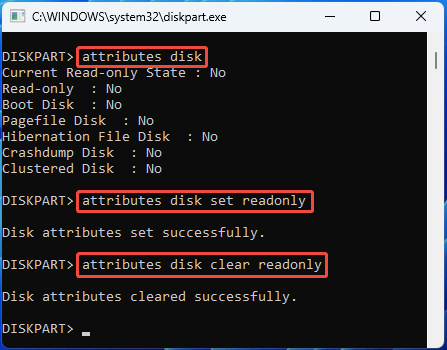 screenshot showing DiskPart Attributes Disk command